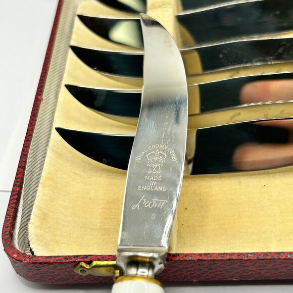 Royal Crown Derby Gold Porcelain Victorian Grape Vines Pattern 6 Knife Set CIB - Picture 4 of 6